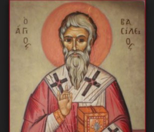Ὁ &Mu;έ&gamma;&alpha;&sigmaf; &Beta;&alpha;&sigma;ί&lambda;&epsilon;&iota;&omicron;&sigmaf;, ὁ ἄ&gamma;&rho;&upsilon;&pi;&nu;&omicron;&sigmaf; Ἐ&pi;ί&sigma;&kappa;&omicron;&pi;&omicron;&sigmaf;, &kappa;&alpha;&tau;ά &tau;ῶ&nu; &alpha;ἱ&rho;έ&sigma;&epsilon;&omega;&nu;. &Gamma;&rho;ά&phi;&epsilon;&iota; ὁ &Phi;ώ&tau;&eta;&sigmaf; &Mu;&iota;&chi;&alpha;ή&lambda;, ἰ&alpha;&tau;&rho;ό&sigmaf;